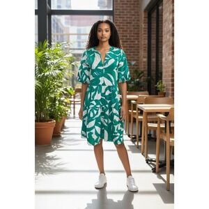 Tiered Dress Puff Sleeve V-Neck Green White Leaf Print Summer Casual Cute size 8